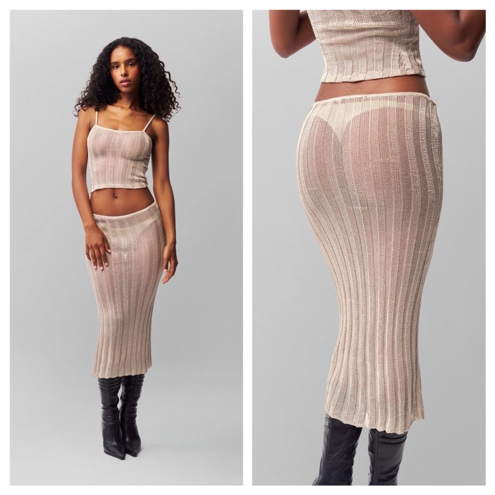 NWT Danielle Guizio Slinky Rib Knit Midi Maxi Skirt Beige Sheer size S